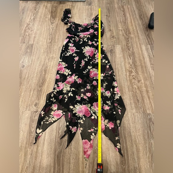 Vintage fairy core asymmetrical strap and hem black with pink floral midi dress - Picture 6 of 10